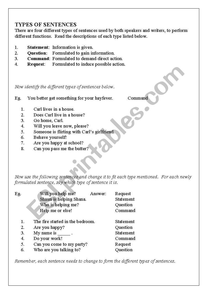 Types of sentences worksheet