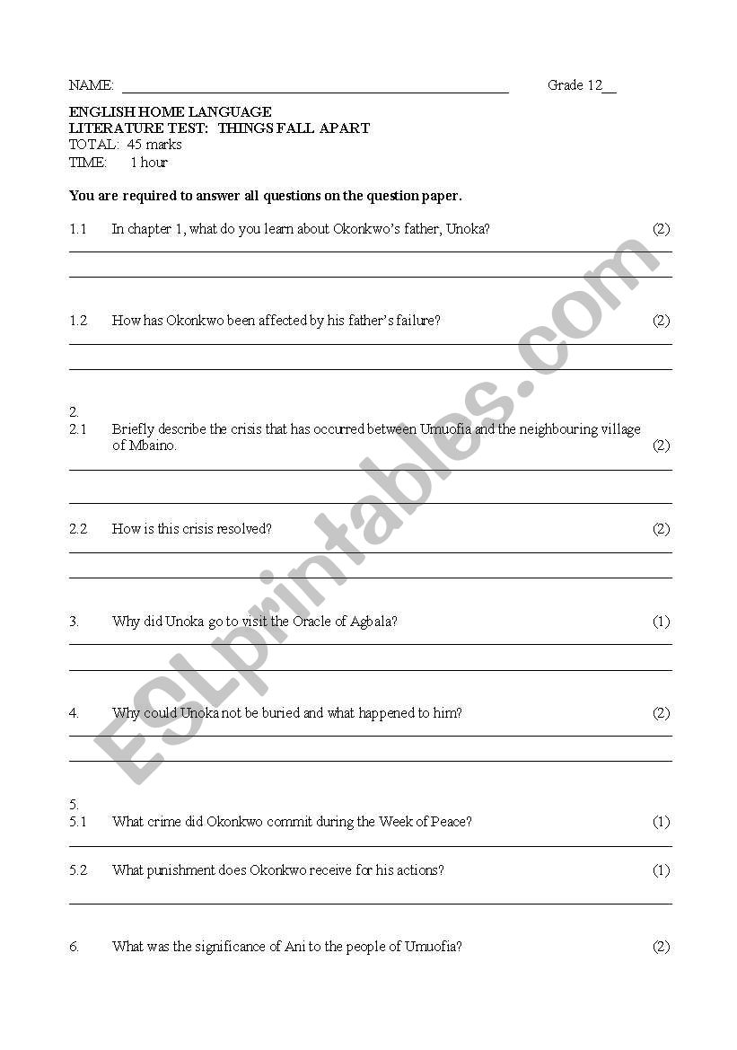 Novel:  Things Fall Apart worksheet