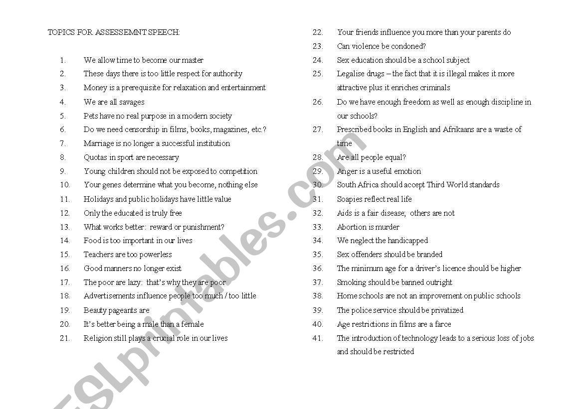 Oral topics  worksheet