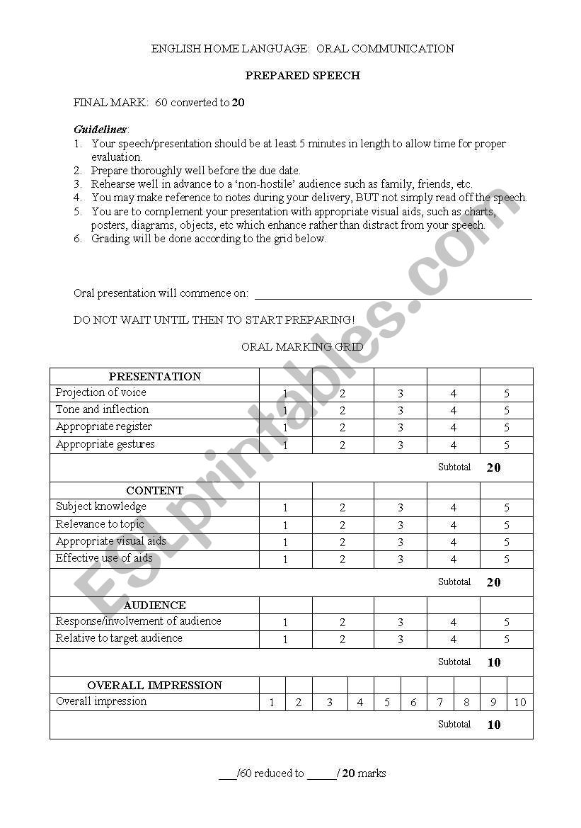 Topics for oral presentations worksheet