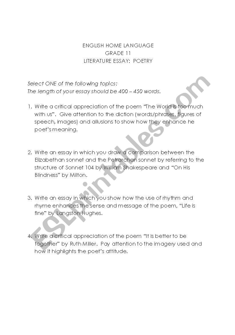 Poetry Essay Questions worksheet