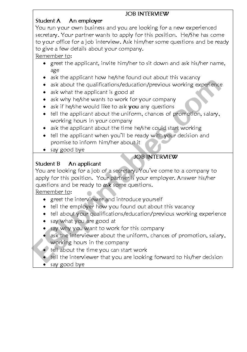 JOB INTERVIEW worksheet