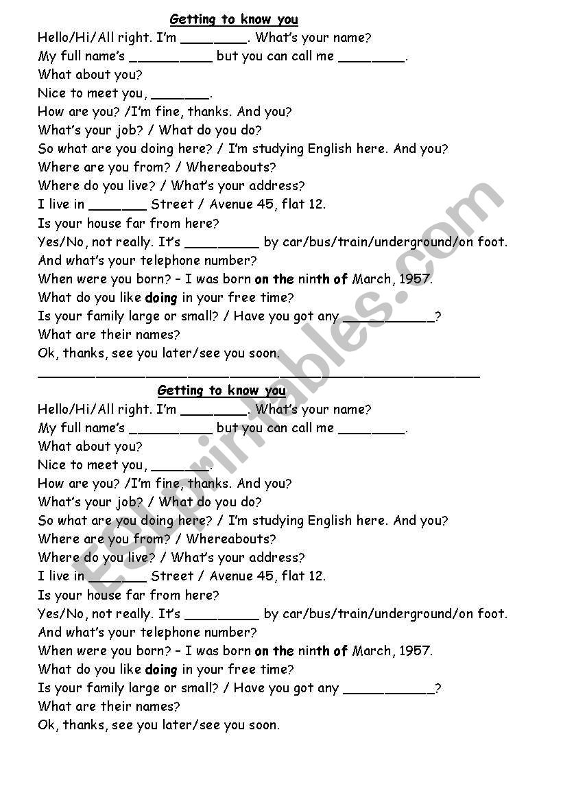 GETTING TO KNOW YOU worksheet