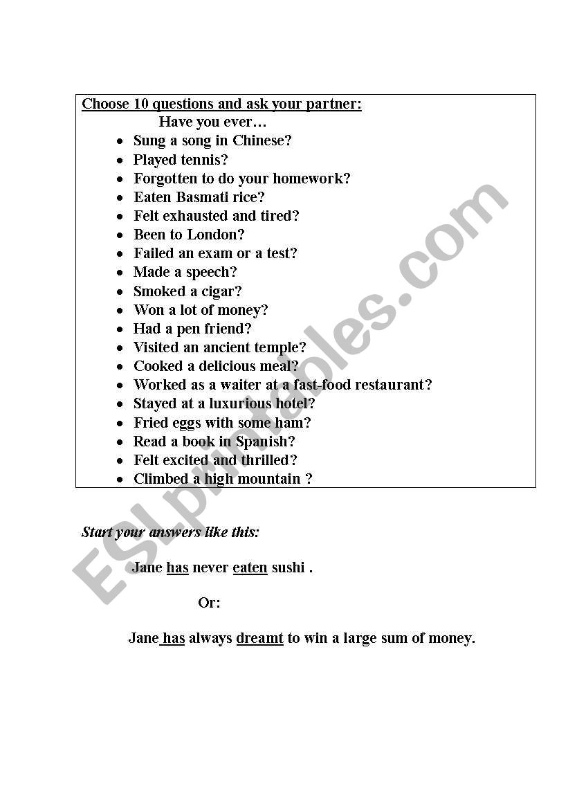 HAVE YOU EVER? worksheet