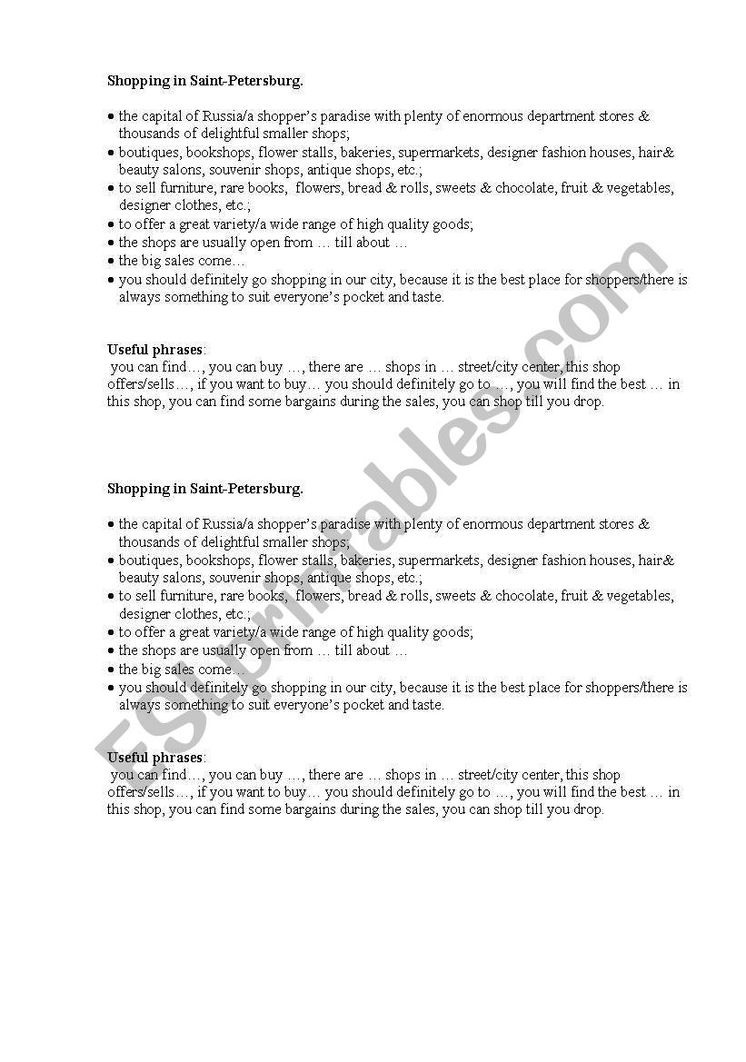 SHOPPING IN SAINT PETERSBURG worksheet