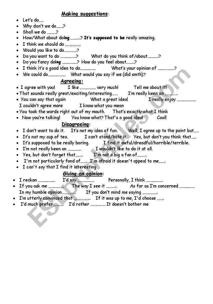 MAKING SUGGESTIONS/AGREEING/DISAGREEING USEFUL PHRASES