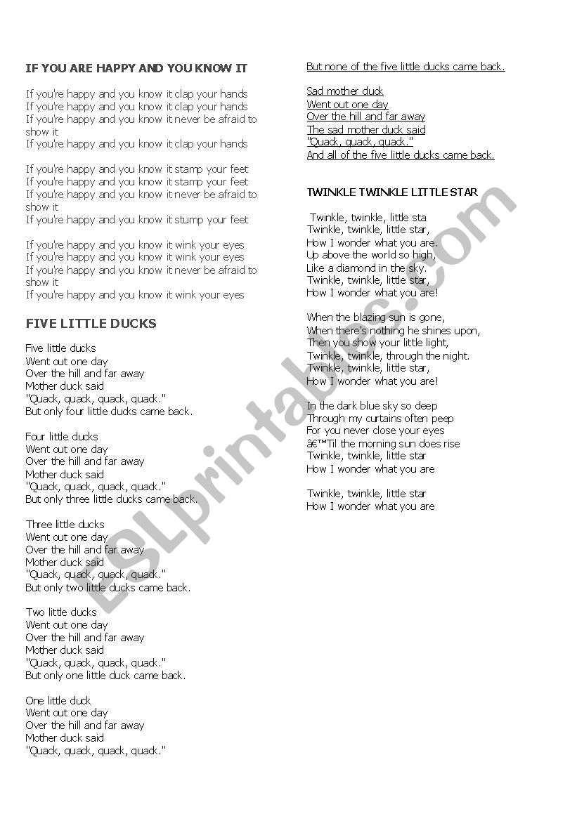 Song English for kids worksheet