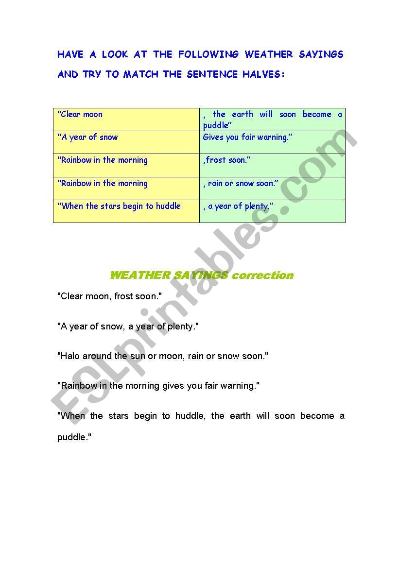 ENGLISH WEATHER SAYINGS worksheet