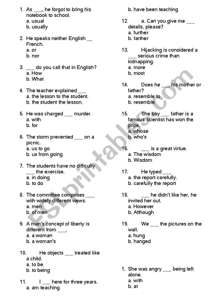 Grammar Test worksheet