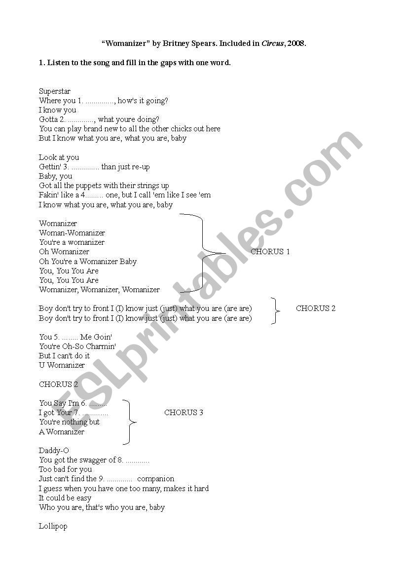 Womanizer by Britney Spears worksheet