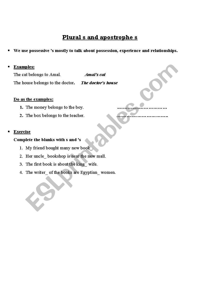 Plural s and apostrophe s worksheet