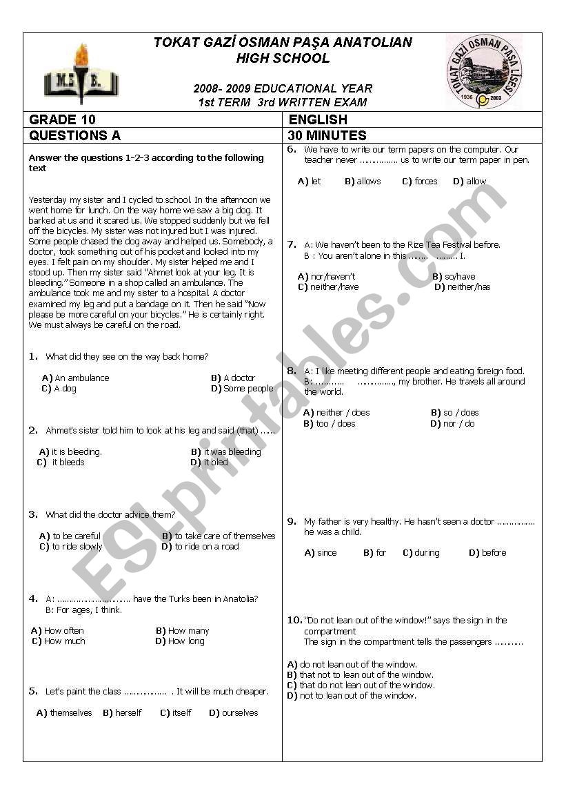 Test on Certain English Grammar Topics Under The Titles Questions A&B with The Topics of the Questions and Answer Key