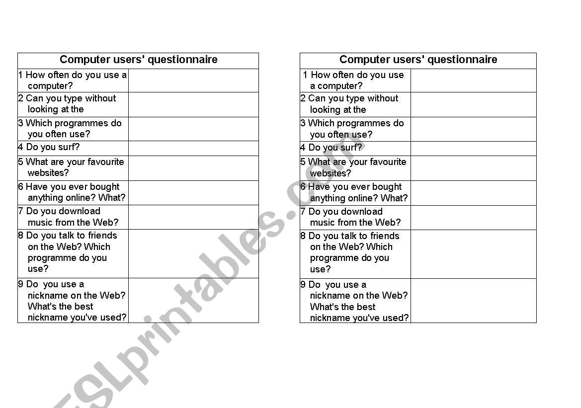 computer users question list worksheet