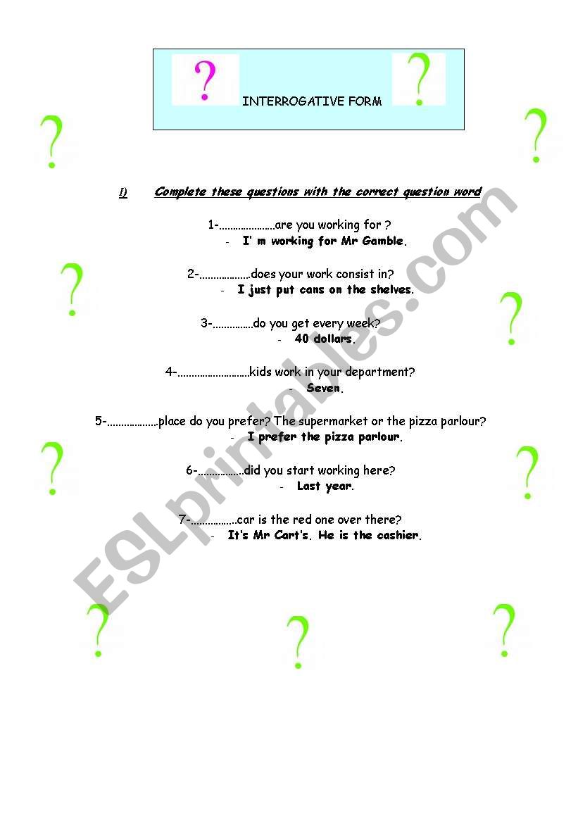 Interrogative form worksheet