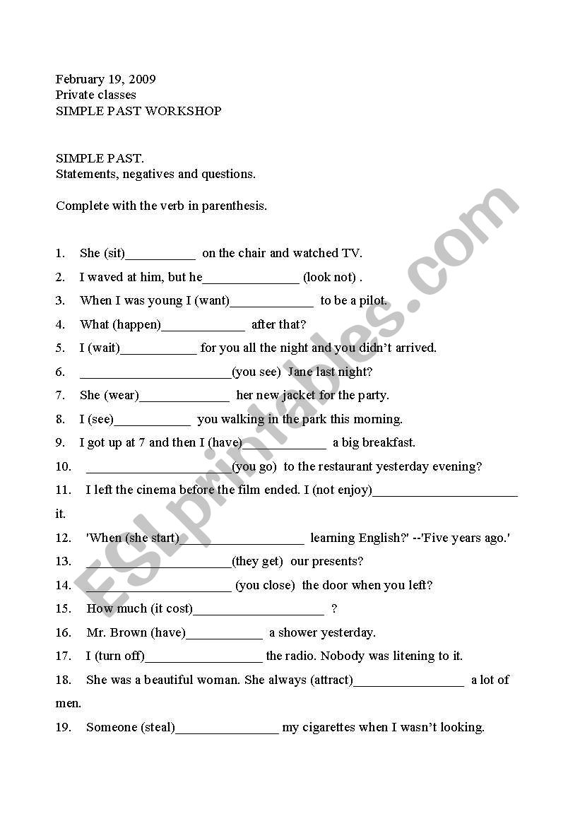 SIMPLE PAST WORKSHOP worksheet