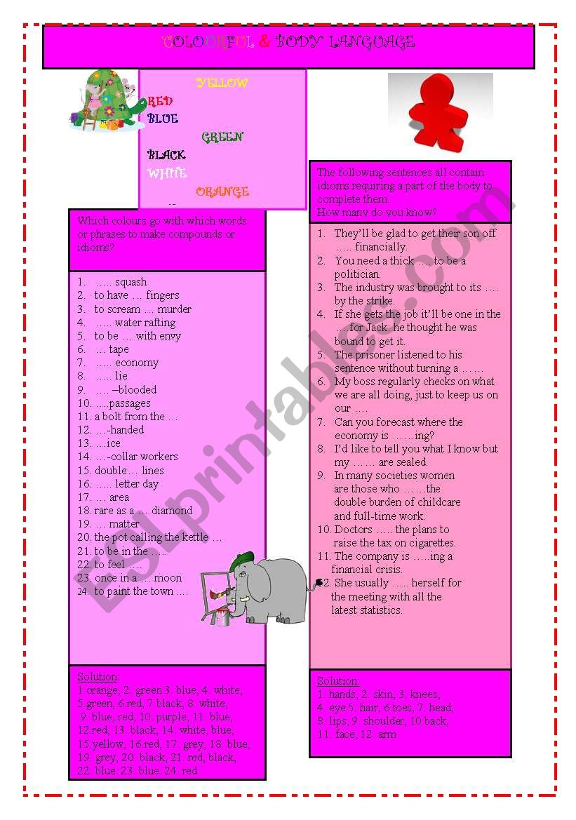 Colourful and Body Language worksheet