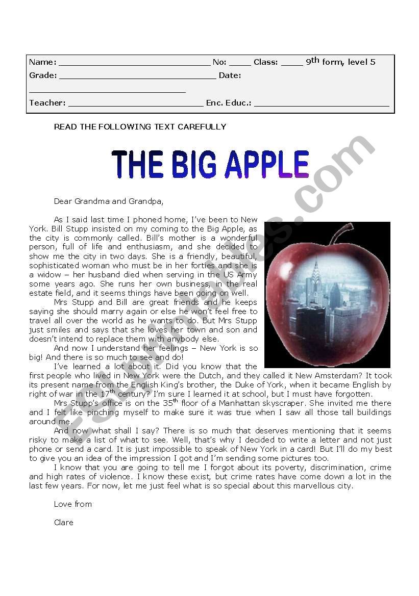 The Big Apple worksheet