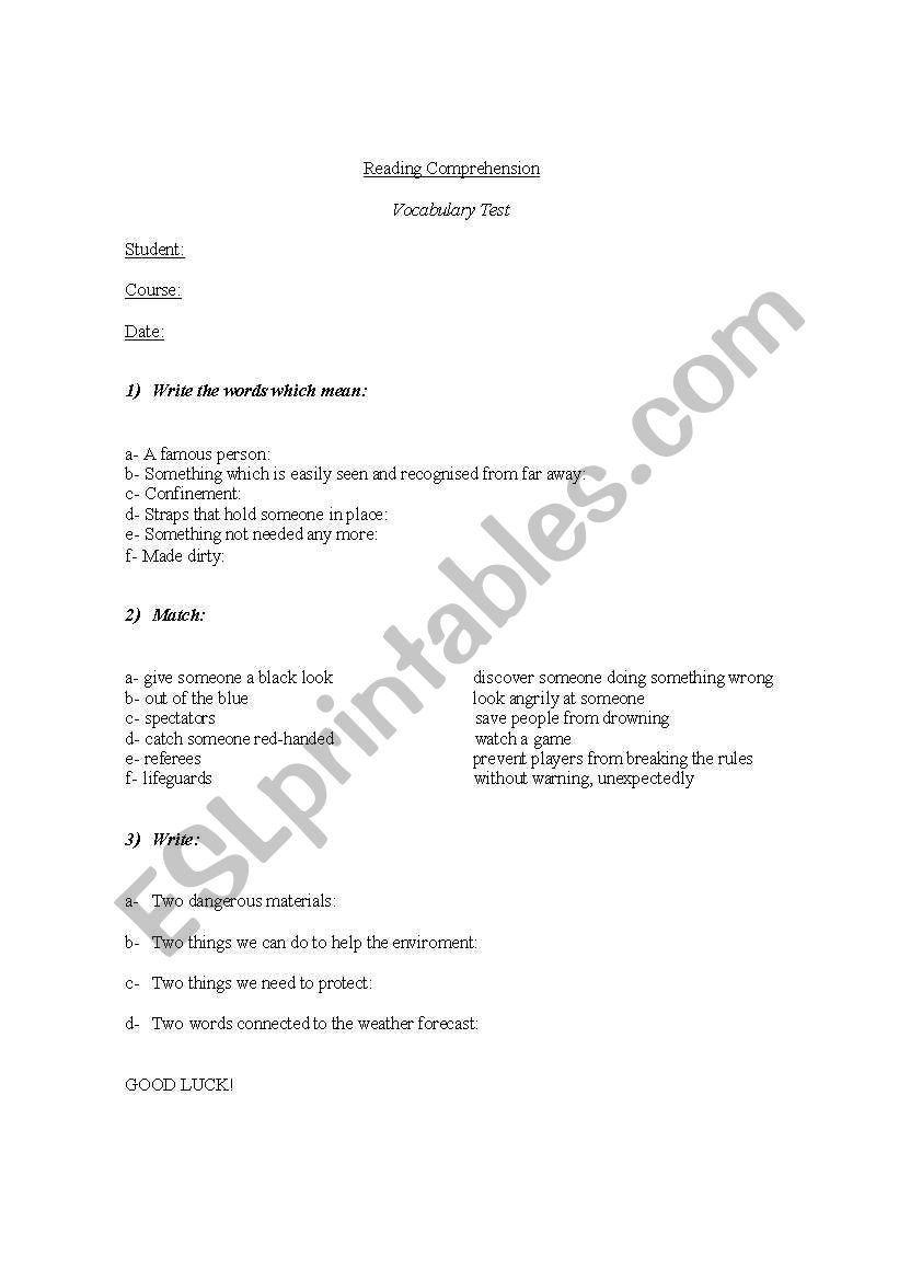 Short Vocabulary TEST worksheet