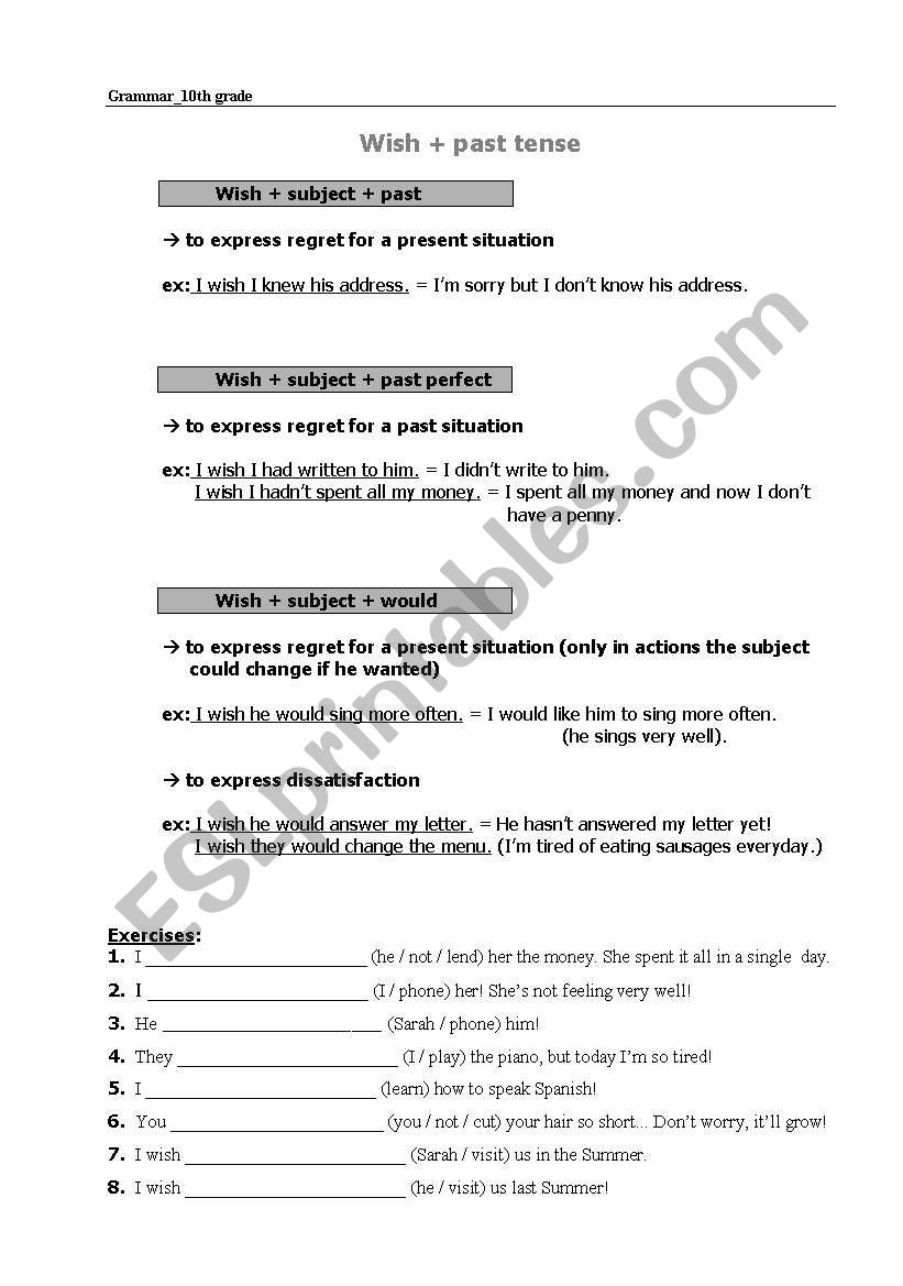 wish + past tense worksheet