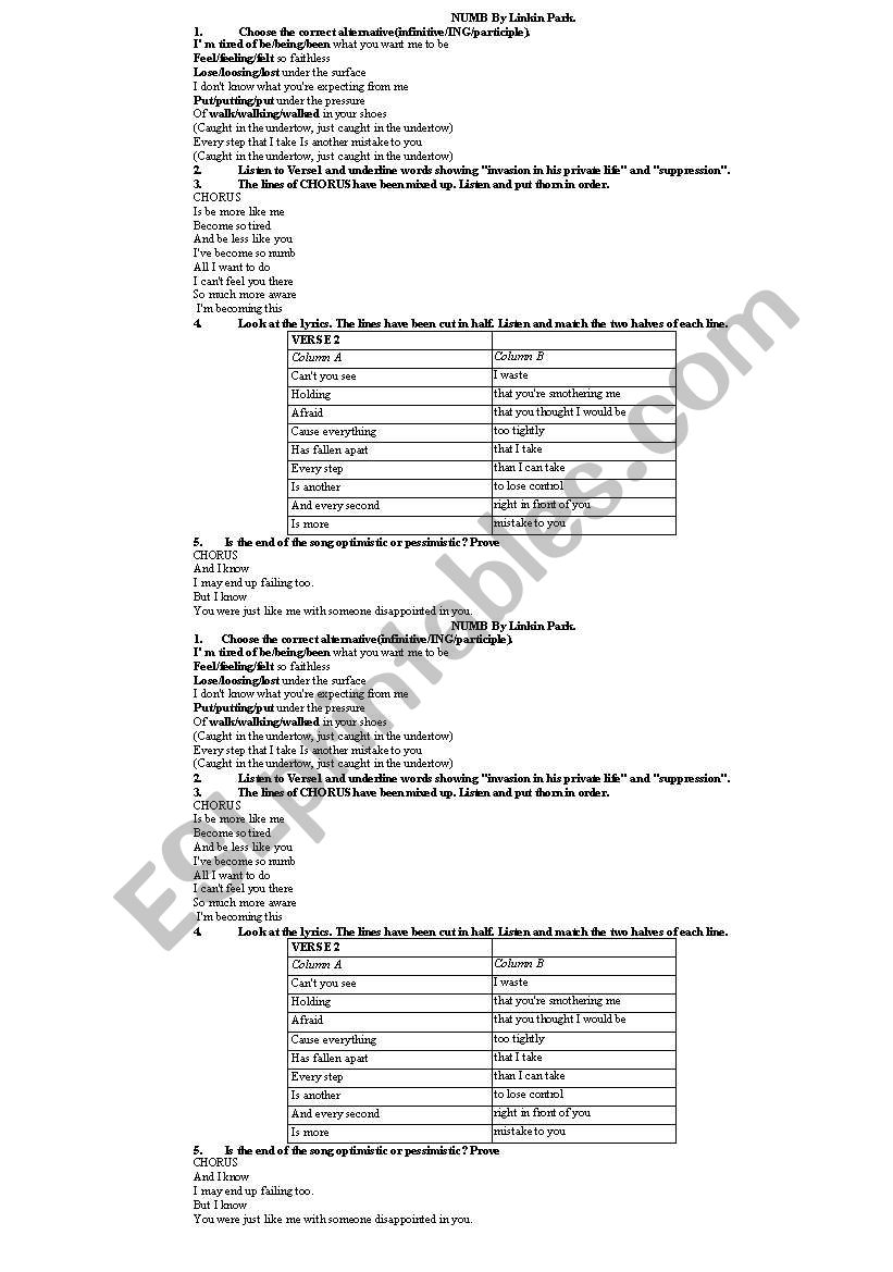 Numb by Linkin Park worksheet