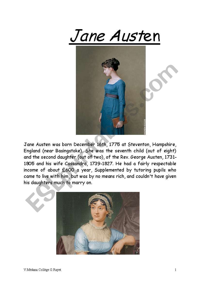 Jane AUSTENs biography worksheet