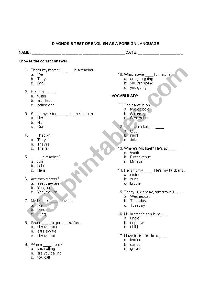 Diagnosis test  worksheet