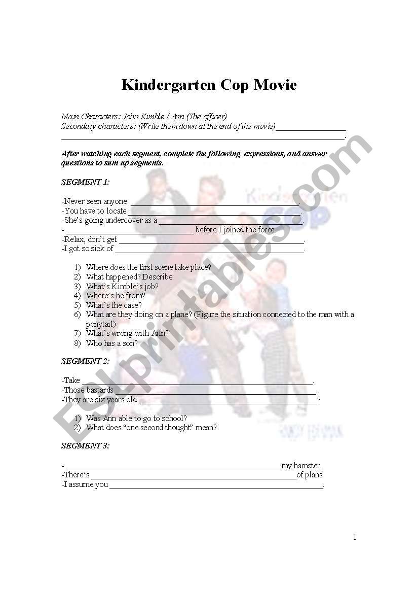 Kindergarten Cop Movie worksheet