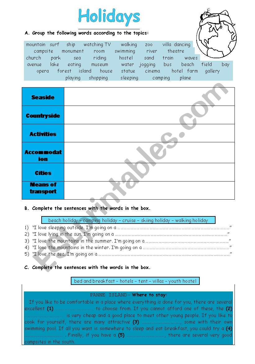 holidays  worksheet