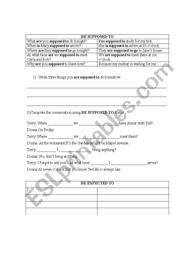 be supposed to/be expected to worksheet