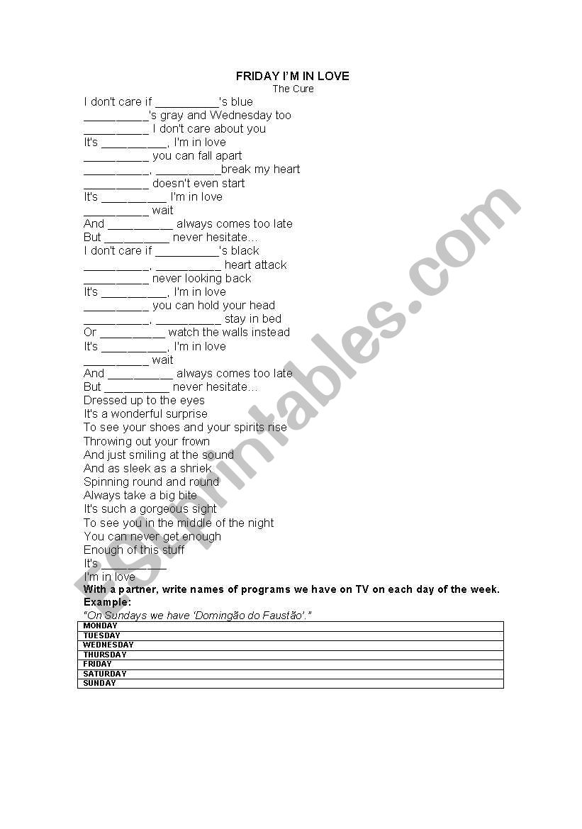 SONG Frinday I am in love worksheet