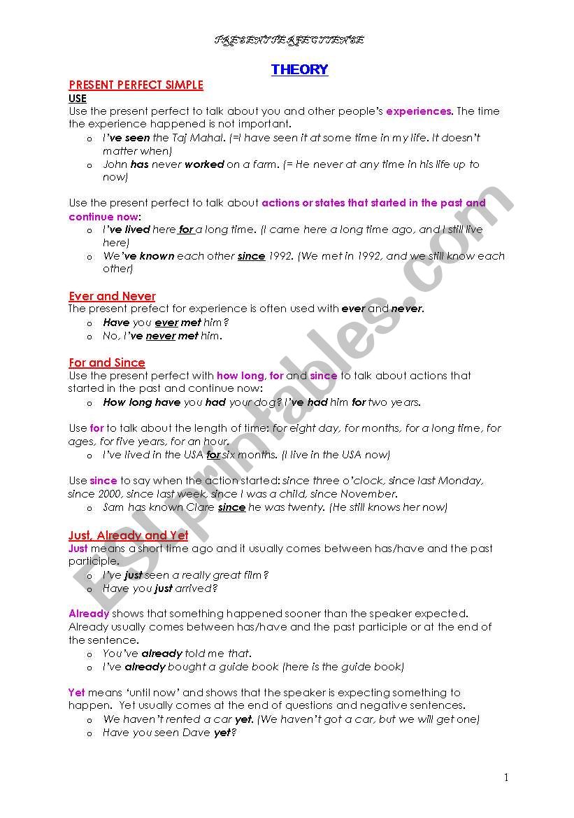 Present perfect simple worksheet