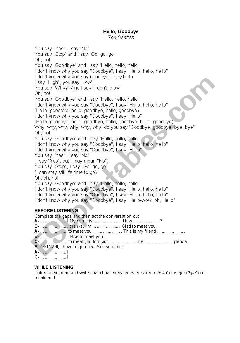 SONG - hello good bye worksheet