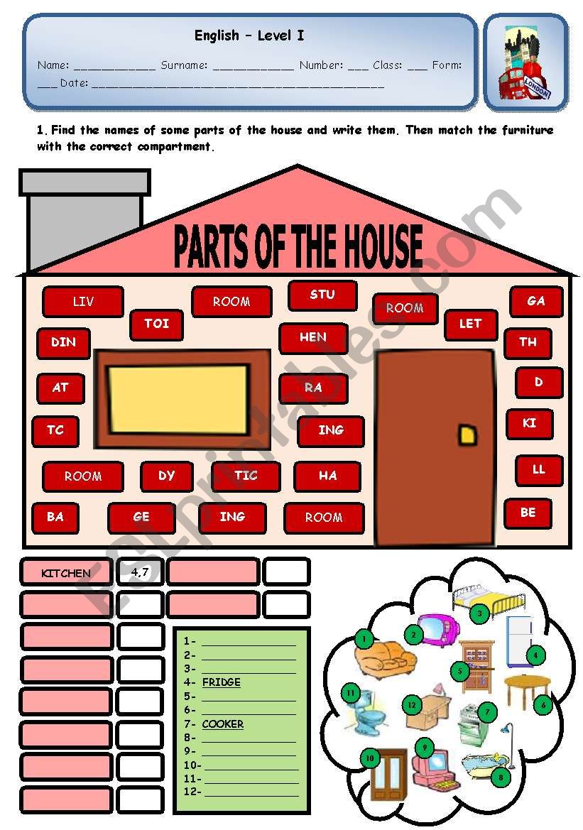 PARTS OF THE HOUSE worksheet