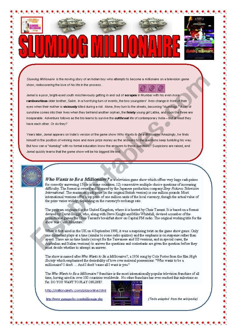 SLUMDOG MILLIONAIRE: READING & VOCABULARY (2 PAGES + ANSWERS)