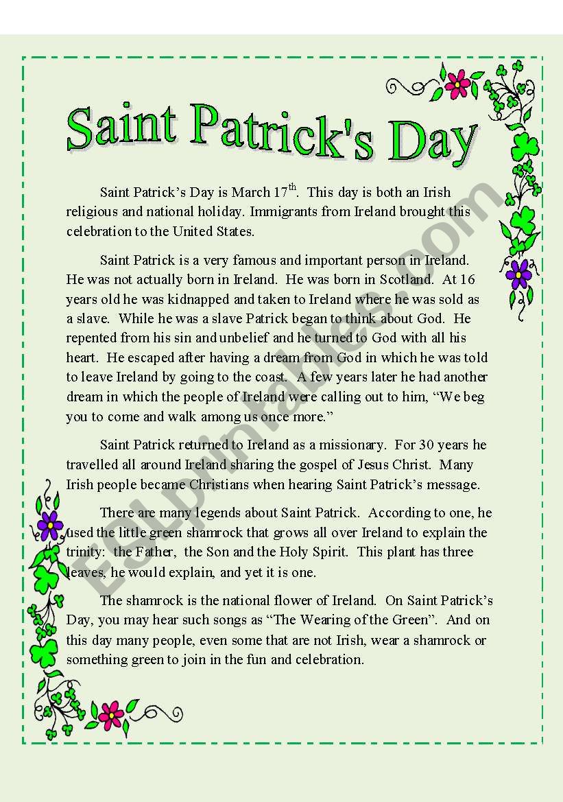 Saint Patrick´s Day Reading ESL worksheet by nalawood