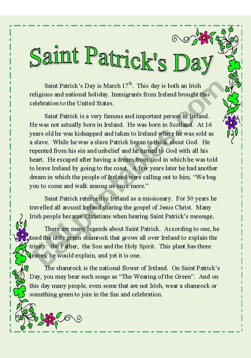 Saint Patricks Day Reading worksheet