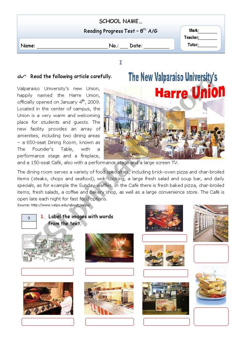 Reading comprehension Test on the topic IÂ´ve been teaching  - Food and Restaurants