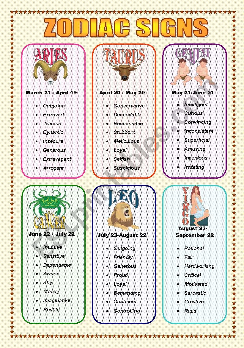 Zodiac Signs and Adjectives - Speaking (3  sheets)