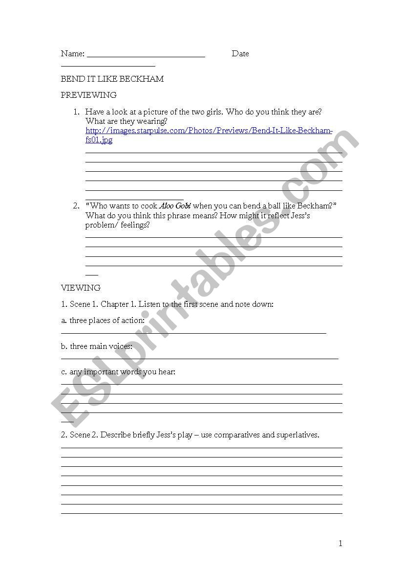 Bend it like Beckham worksheet