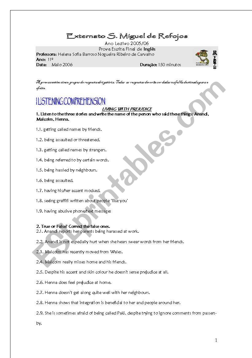 teste 11th grade worksheet