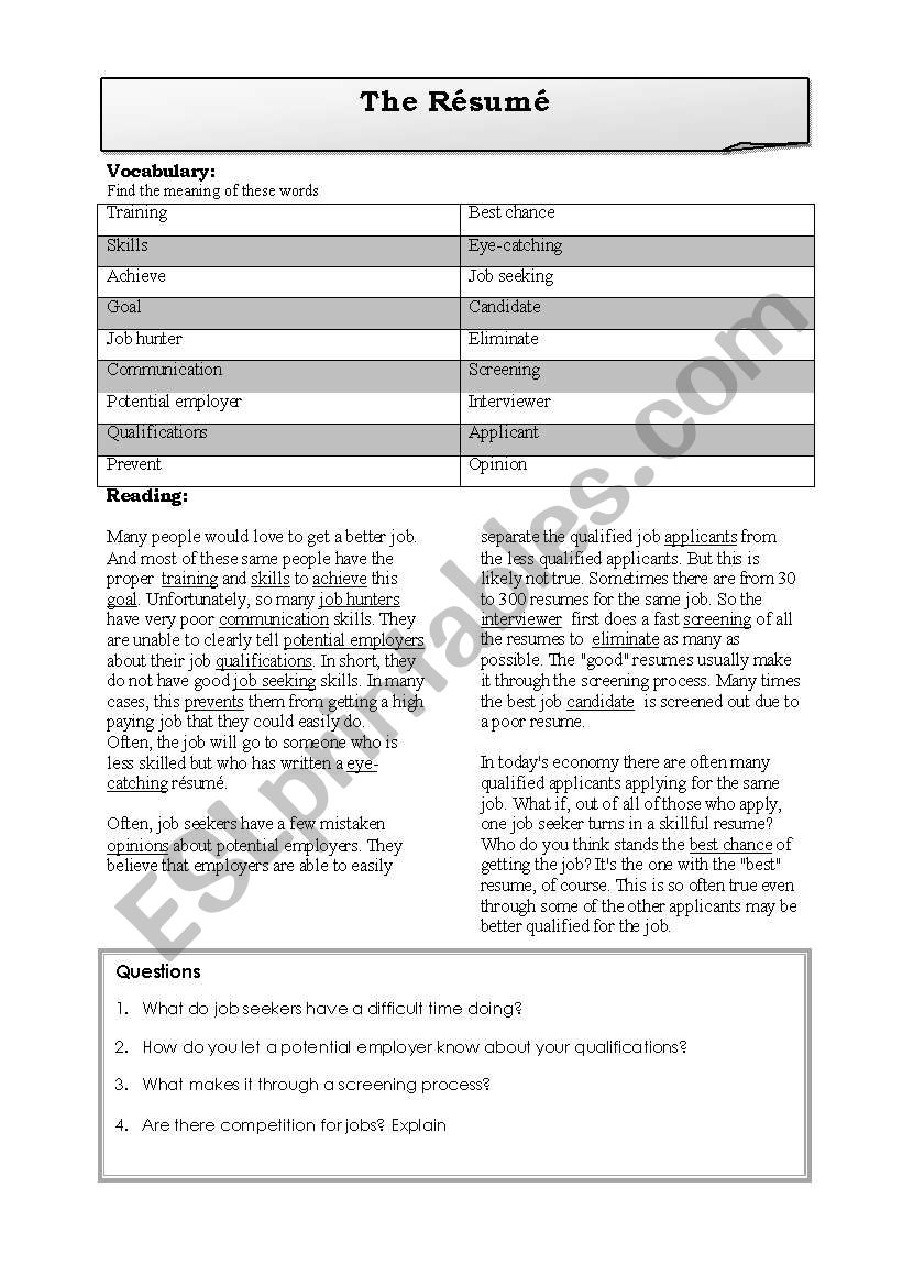 Resume worksheet