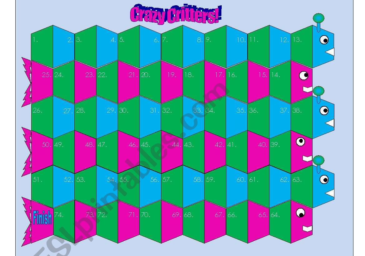 Crazy Critters Game Board worksheet