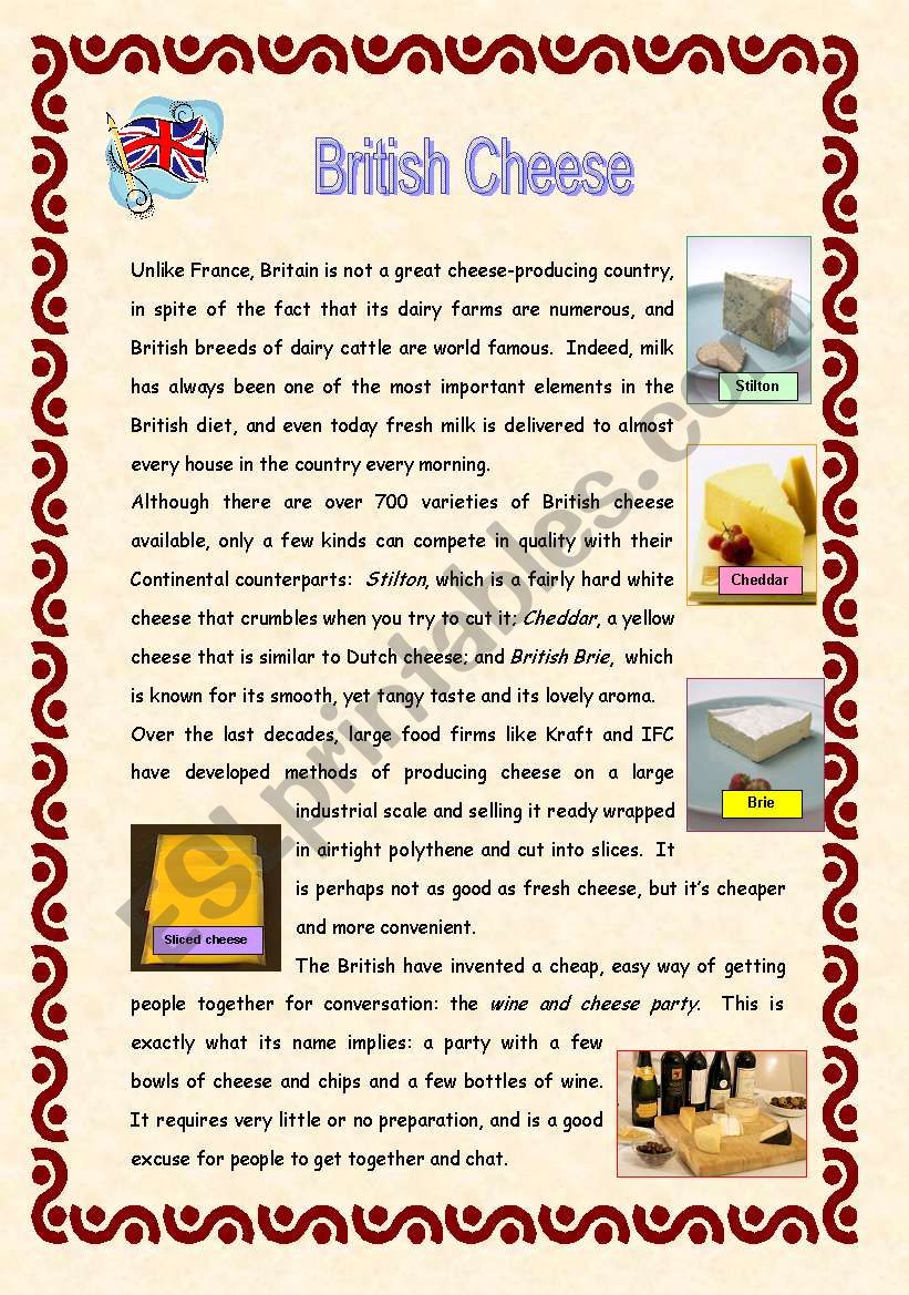 British Cheese: Reading and Vocabulary - 2 pages + key