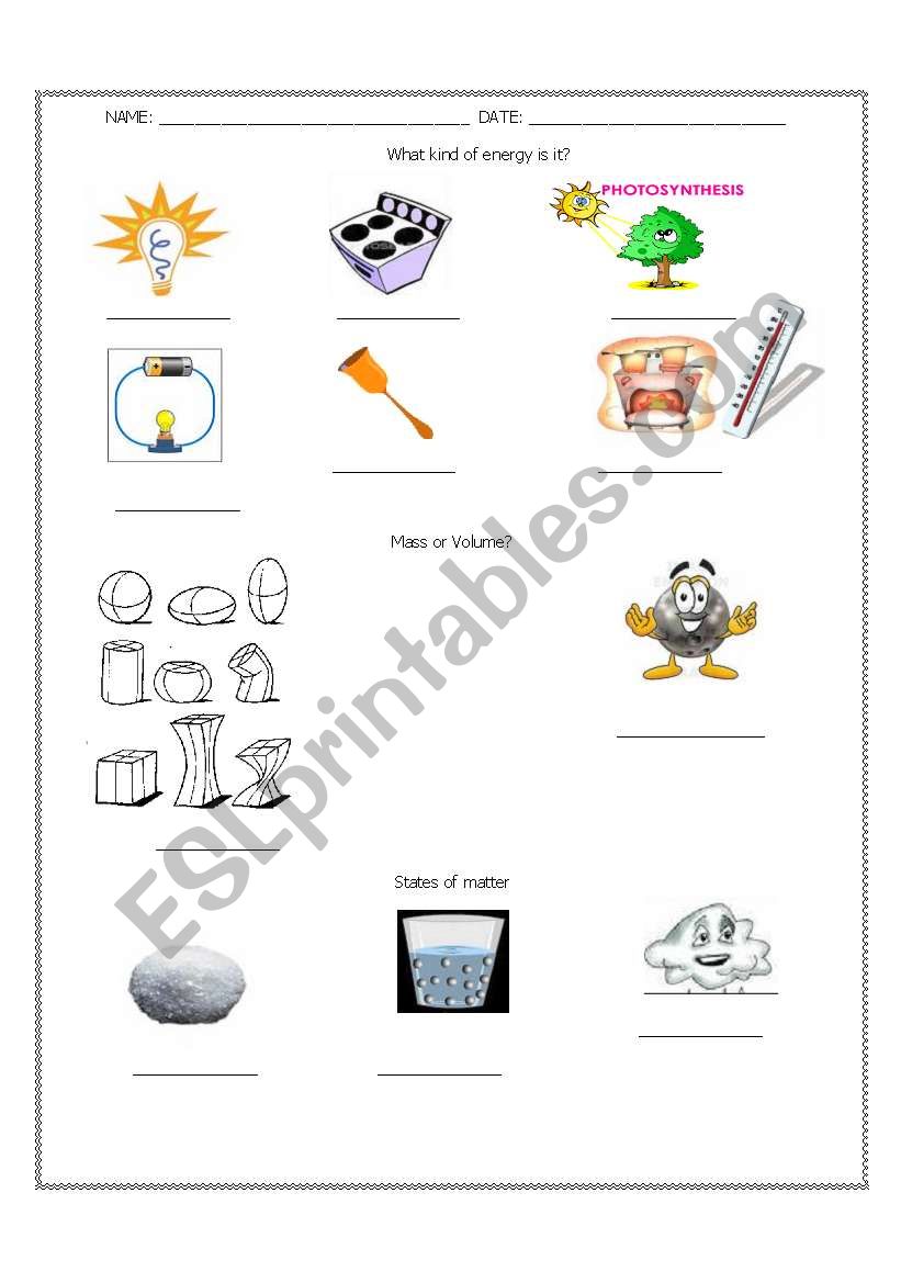 English worksheets: Kinds of energy With Matter And Energy Worksheet