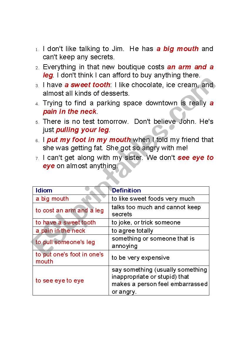 idioms part of body worksheet