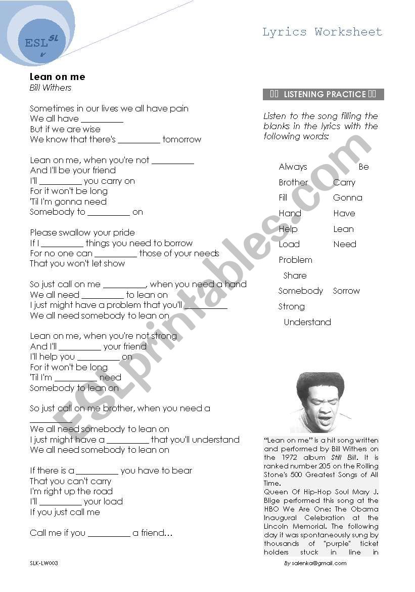 Lyrics worksheet - Lean on me worksheet