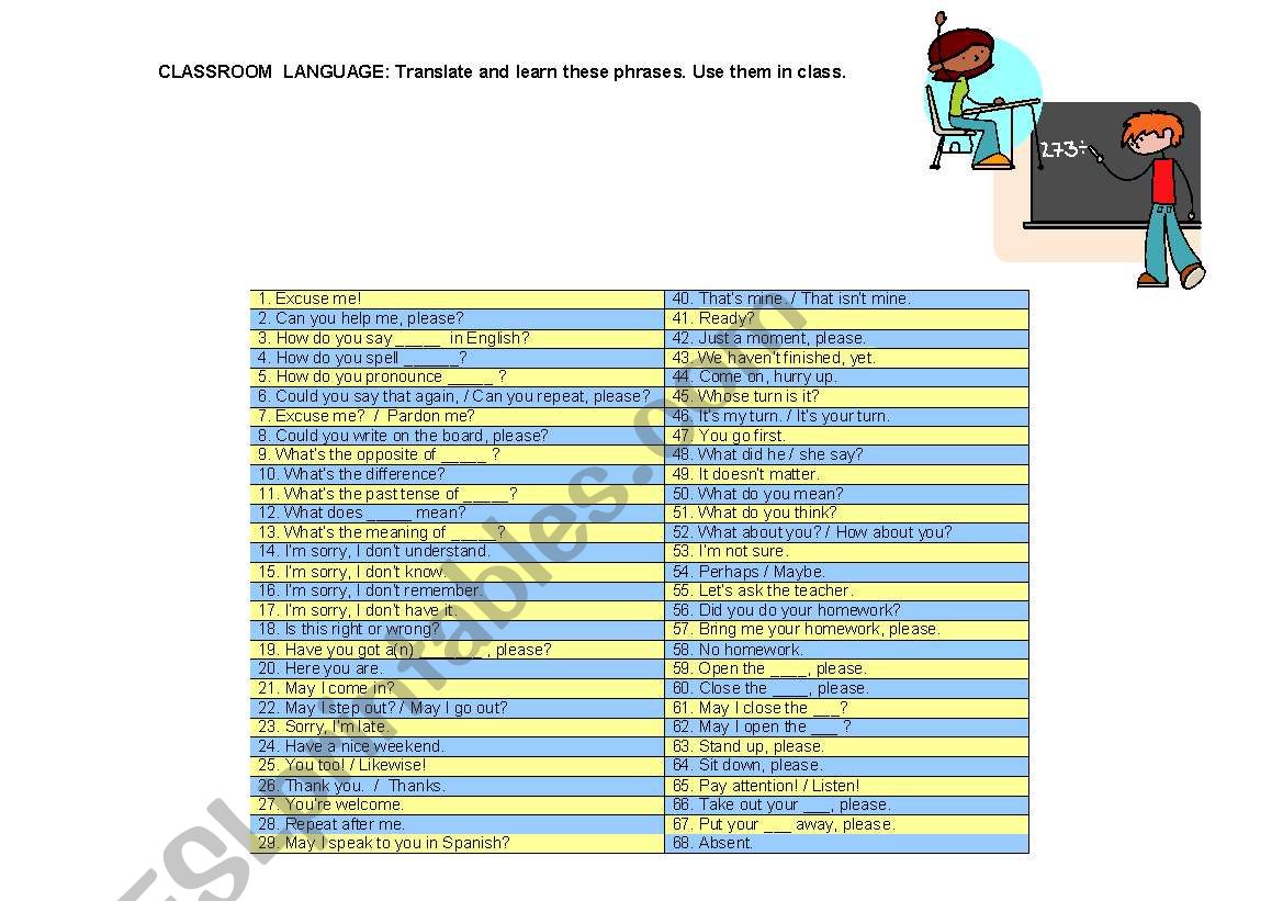 Classroom Language worksheet