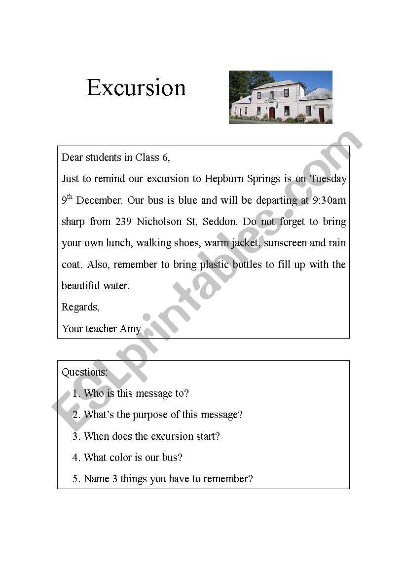 Message reading;Excursion worksheet