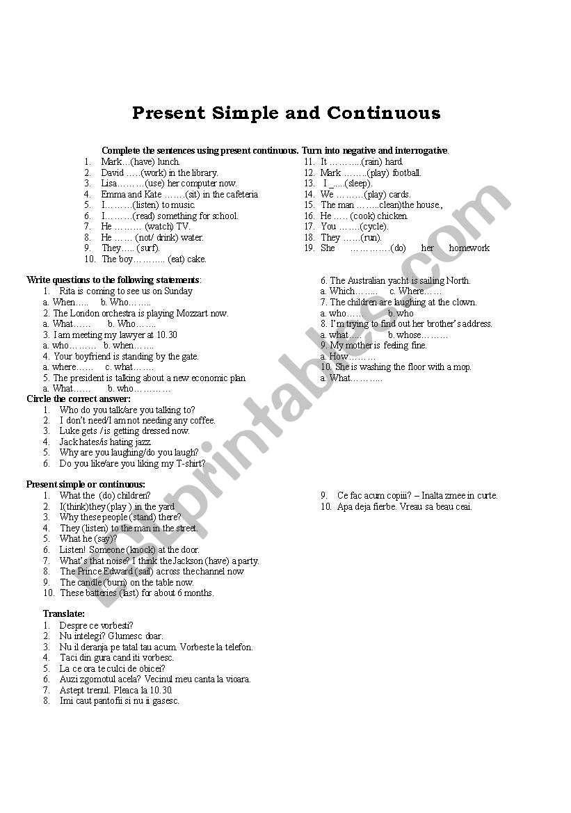 PRESENT SIMPLE AND CONTINUOUS worksheet