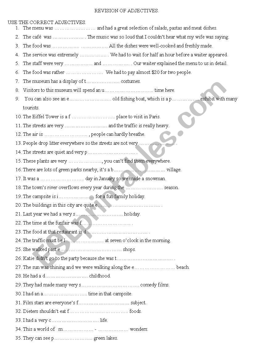 Revision of adjectives worksheet